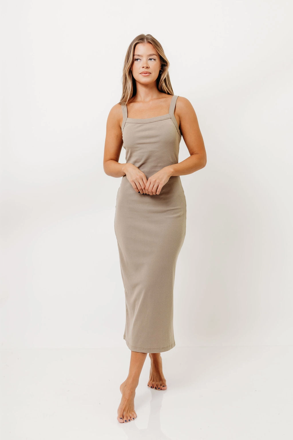 Olivia Square Neck Midi Tank Dress in Light Olive - Bump Friendly Smart Layer Wear