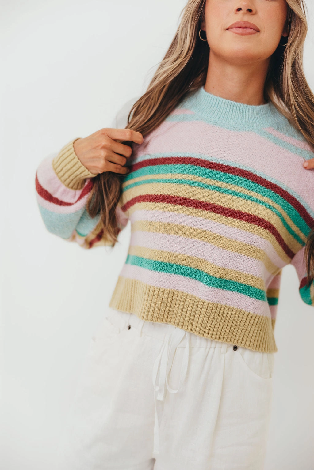 Winter Layering Look Slim Stretch Miranda Colorful Stripe Knit Sweater in Mint Multi