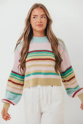 Miranda Colorful Stripe Knit Sweater in Mint Multi Light Stretch Fit