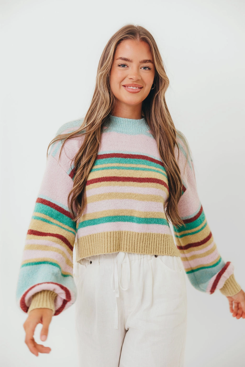 Effortless Layer Roomy Fit Miranda Colorful Stripe Knit Sweater in Mint Multi