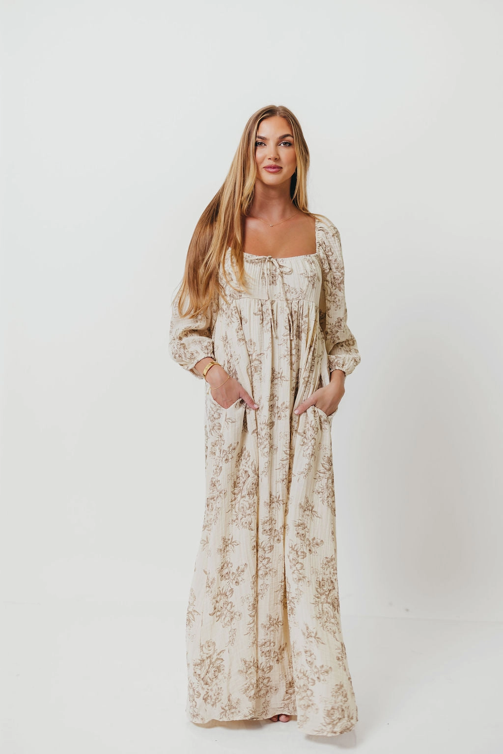 AntiStaticMaterial All-Season Comfort Peyton 100% Cotton Maxi Dress in Brown Floral - Bump Friendly
