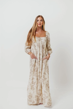 AntiStaticMaterial All-Season Comfort Peyton 100% Cotton Maxi Dress in Brown Floral - Bump Friendly