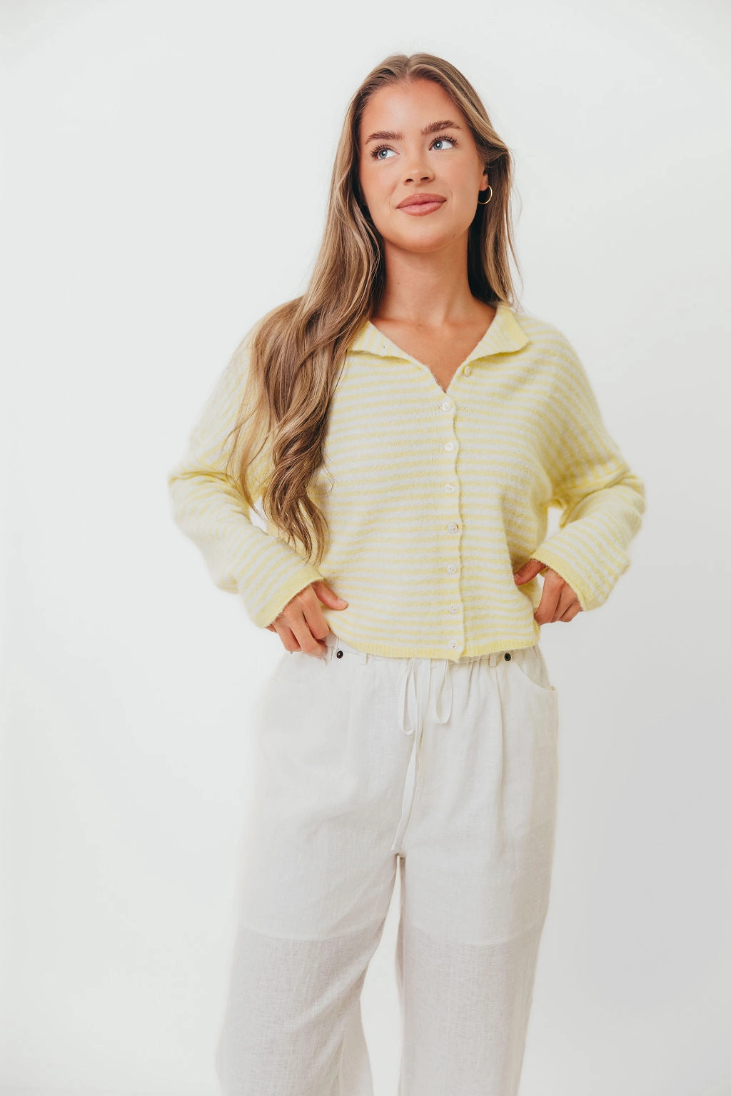 Trendy Winter Warm Wear Piper Mini Stripes Cardigan in Butter