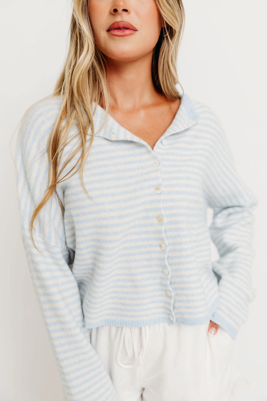 Cozy Vibe Piper Mini Stripes Cardigan in Light Blue