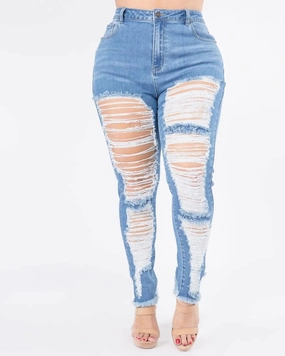 Plus Size High Waist Distressed Skinny Jeans in Blue | Blue Daily Function