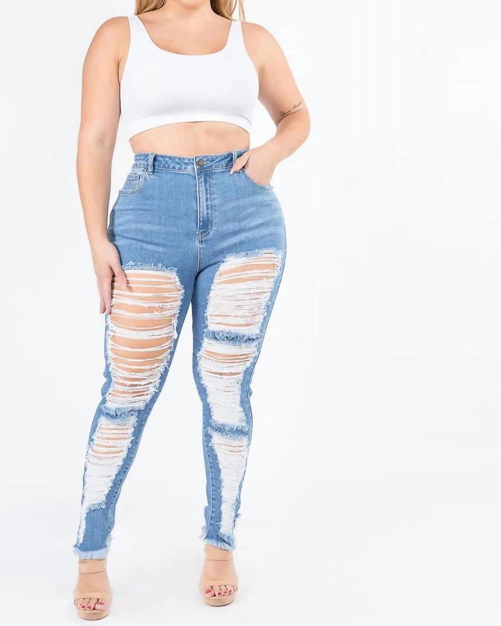 Plus Size High Waist Distressed Skinny Jeans in Blue | Blue Organic Cotton Material Any Occasion