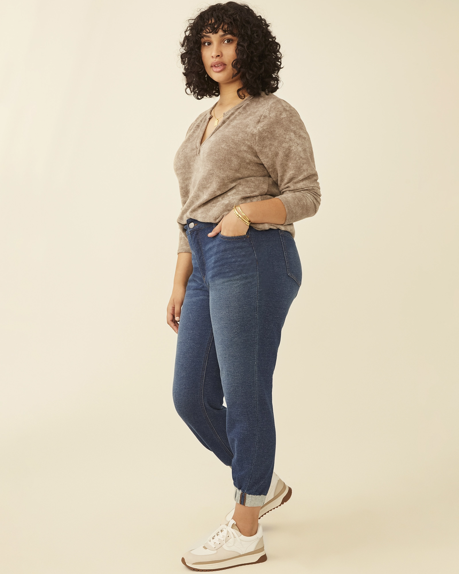 Night Out Bold Look Plus Size Theodora French Terry Denim Pant | Medium Wash