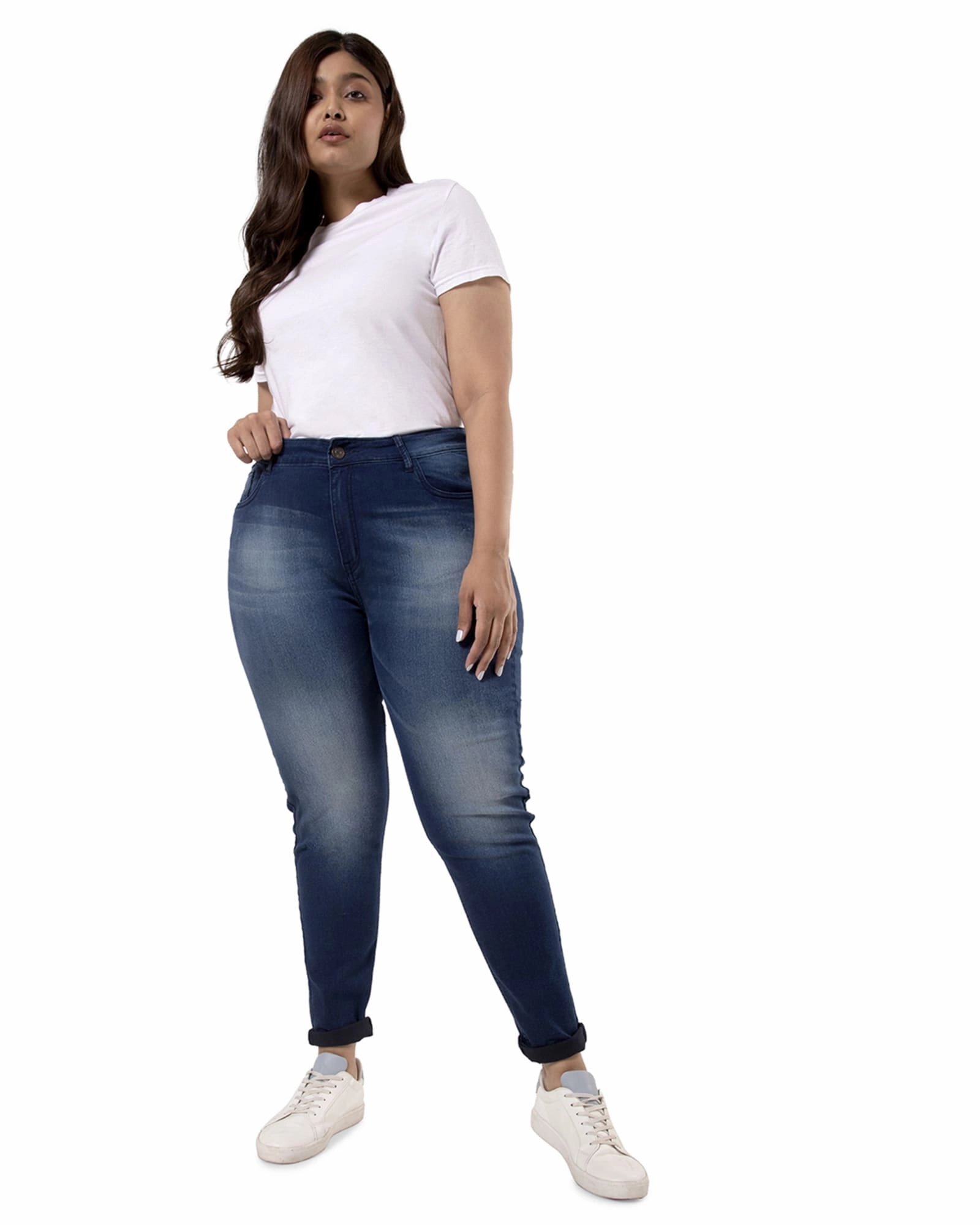 PLUS SIZE WOMEN SHADED CASUAL NAVY BLUE JEANS | Navy Odor Control Tech Slim Modern