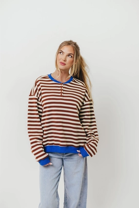 Cozy Performance Wear Pierce Striped Henley Pullover in Chocolate Royal