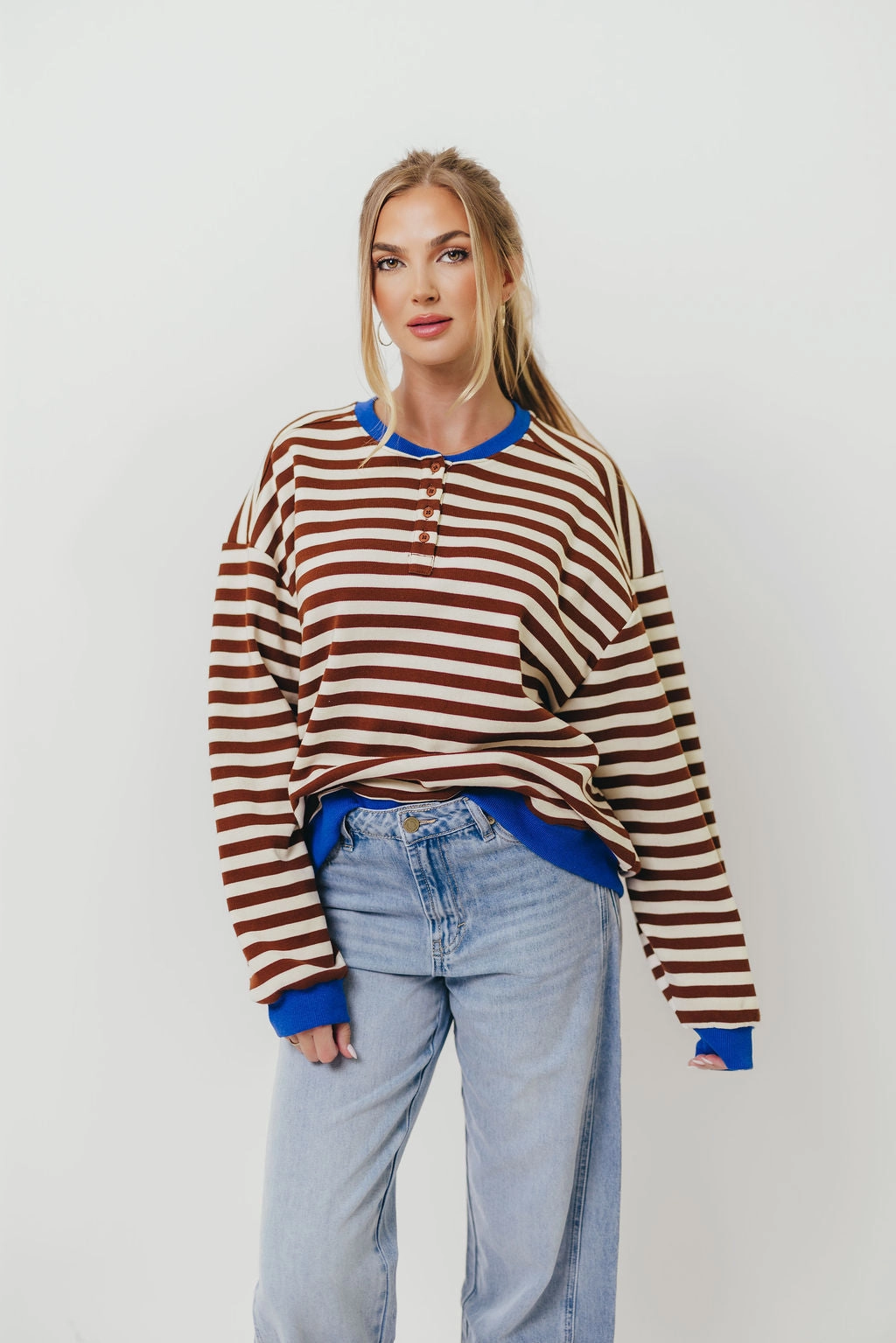 Trendy Knitwear Comfy chic Pierce Striped Henley Pullover in Chocolate Royal