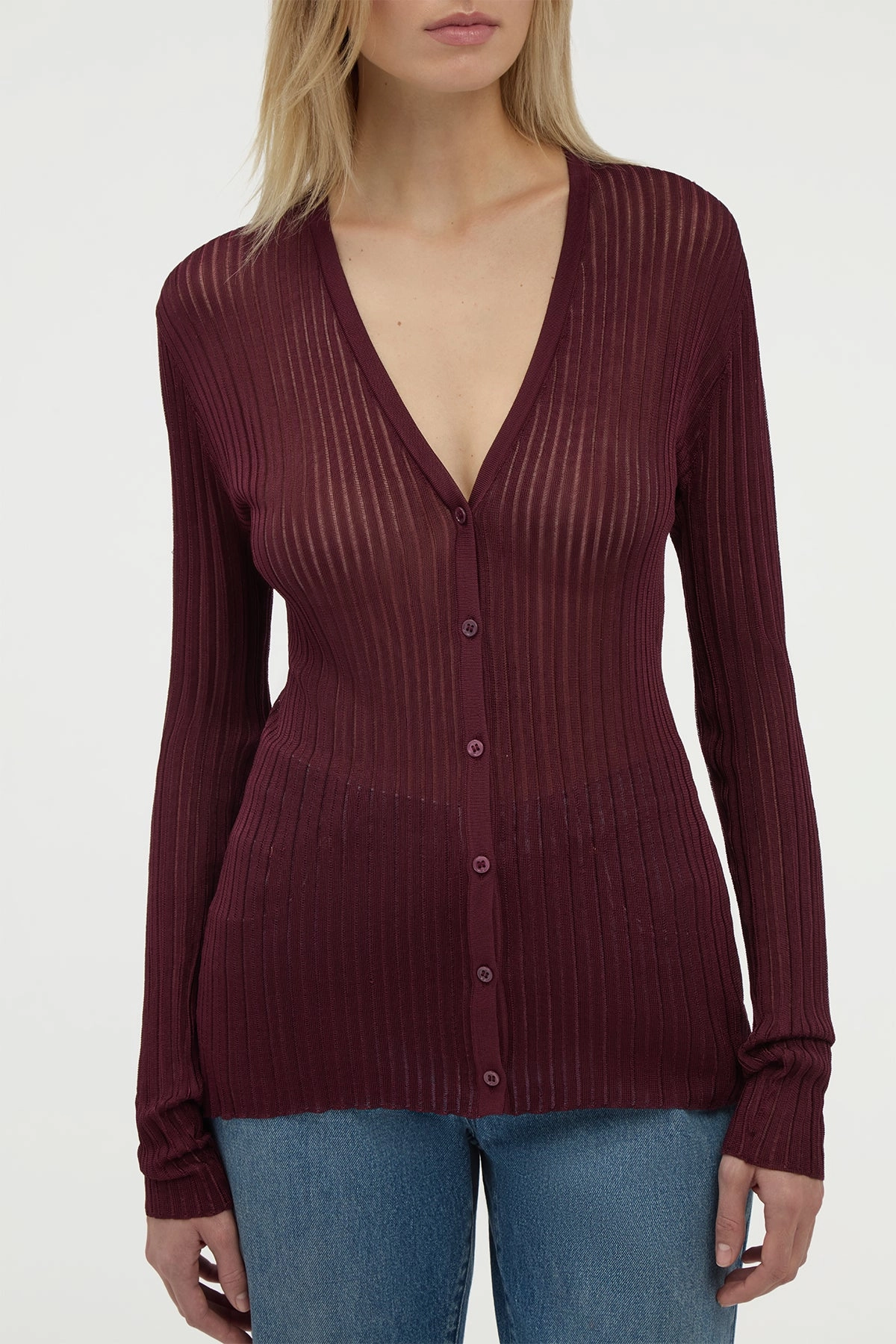 Duffy Knit Cardigan in Bordeaux Silk Smart Look Unisex Appeal