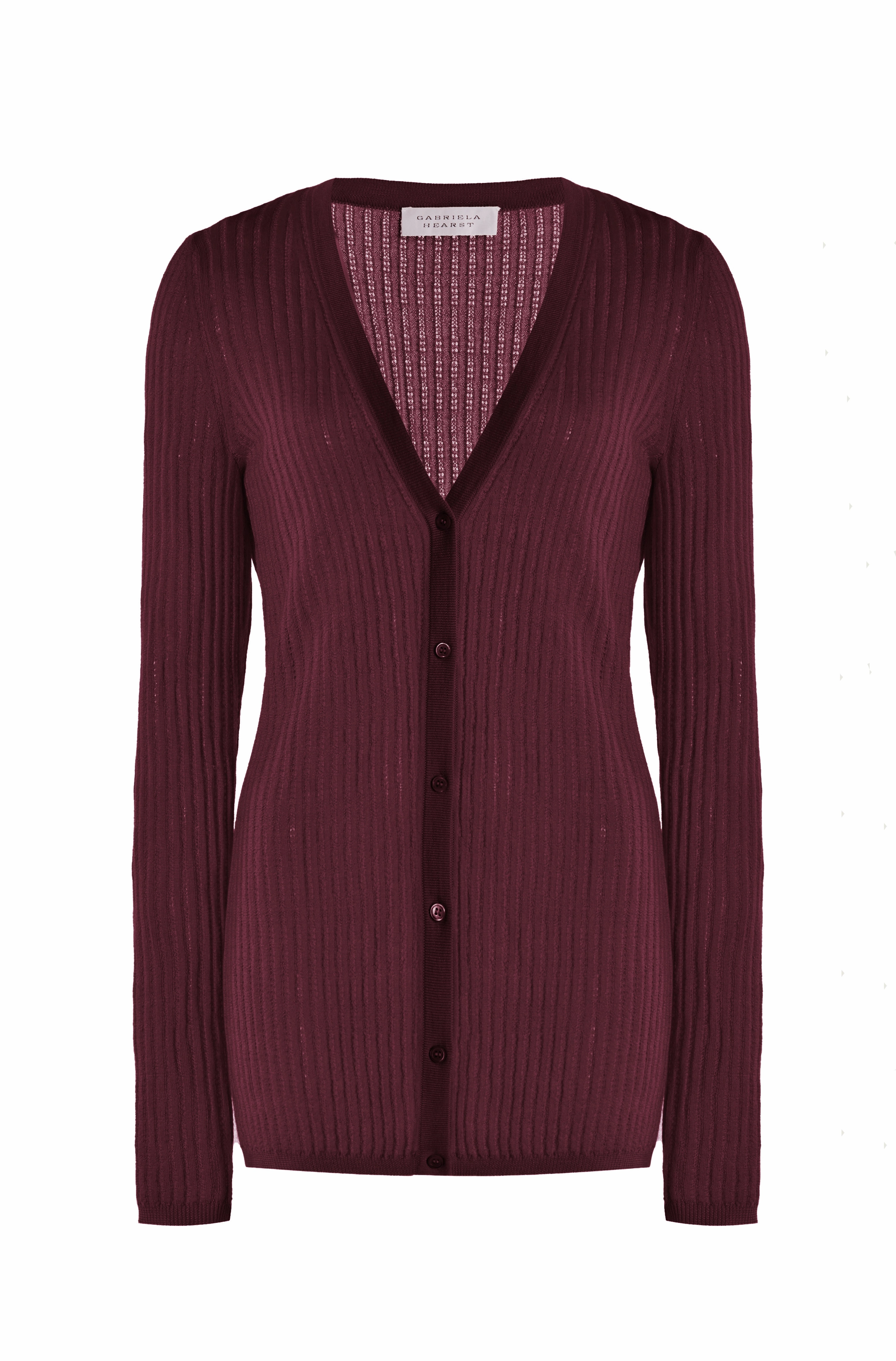 Emma Pointelle Knit Cardigan in Bordeaux Cashmere Silk Lattice Pattern