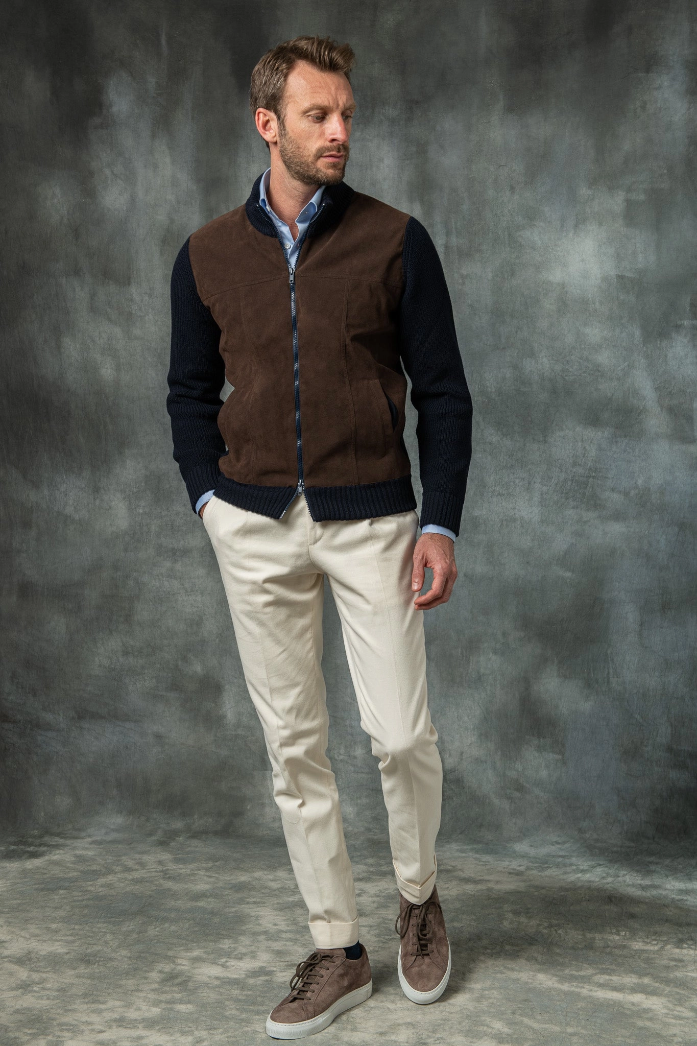 Blue and brown cardigan - Alcantara & wool - Made in Italy Light Warmth Urban Casual Look
