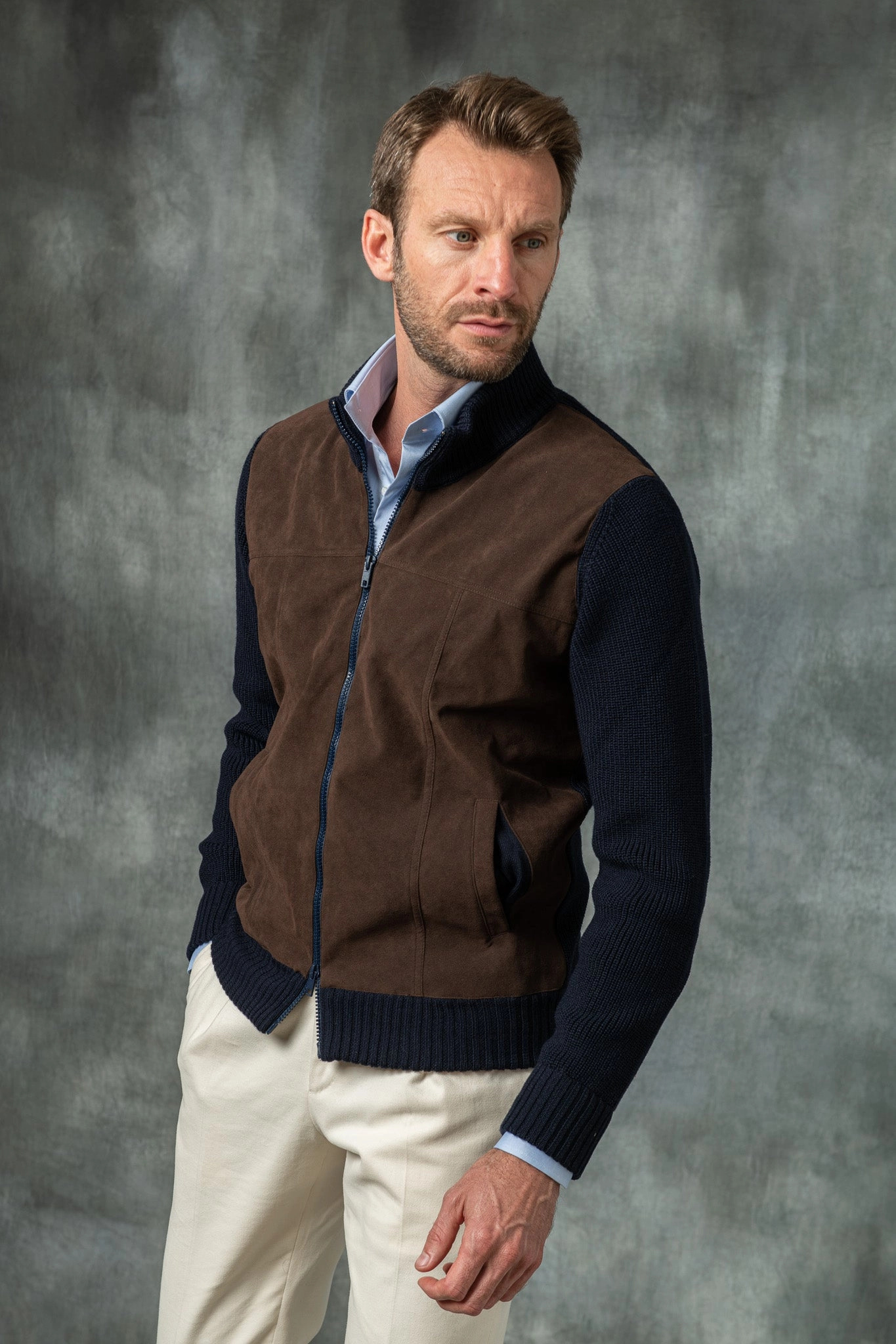 Blue and brown cardigan - Alcantara & wool - Made in Italy On-The-Go Stretch Knit Backing