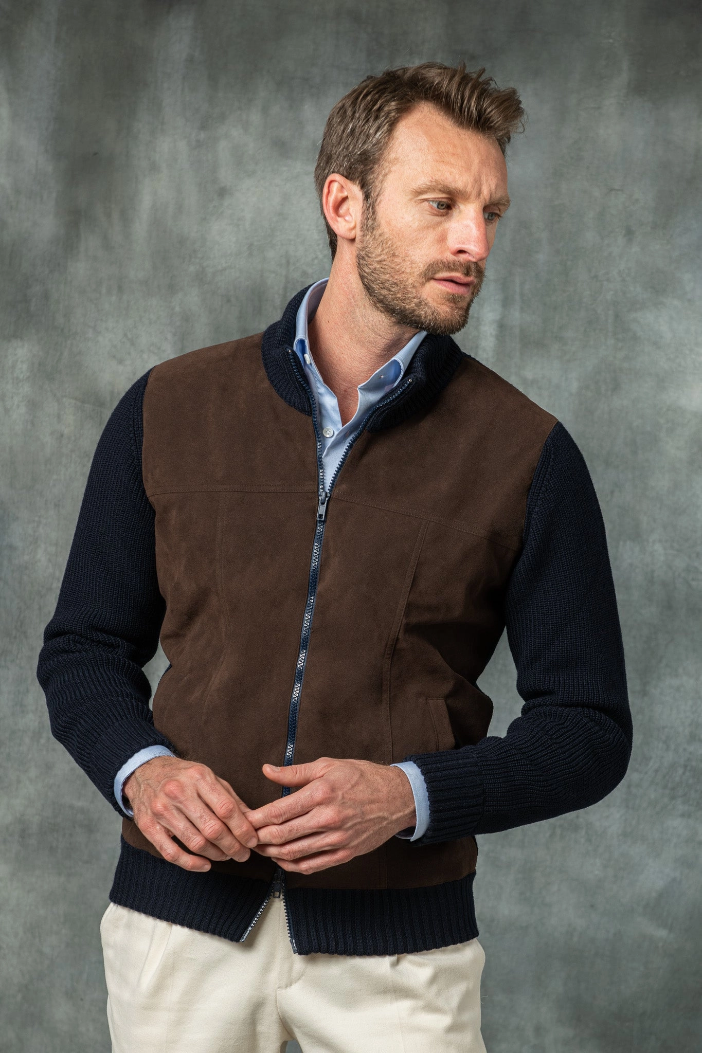 Blue and brown cardigan - Alcantara & wool - Made in Italy Sleek Surface