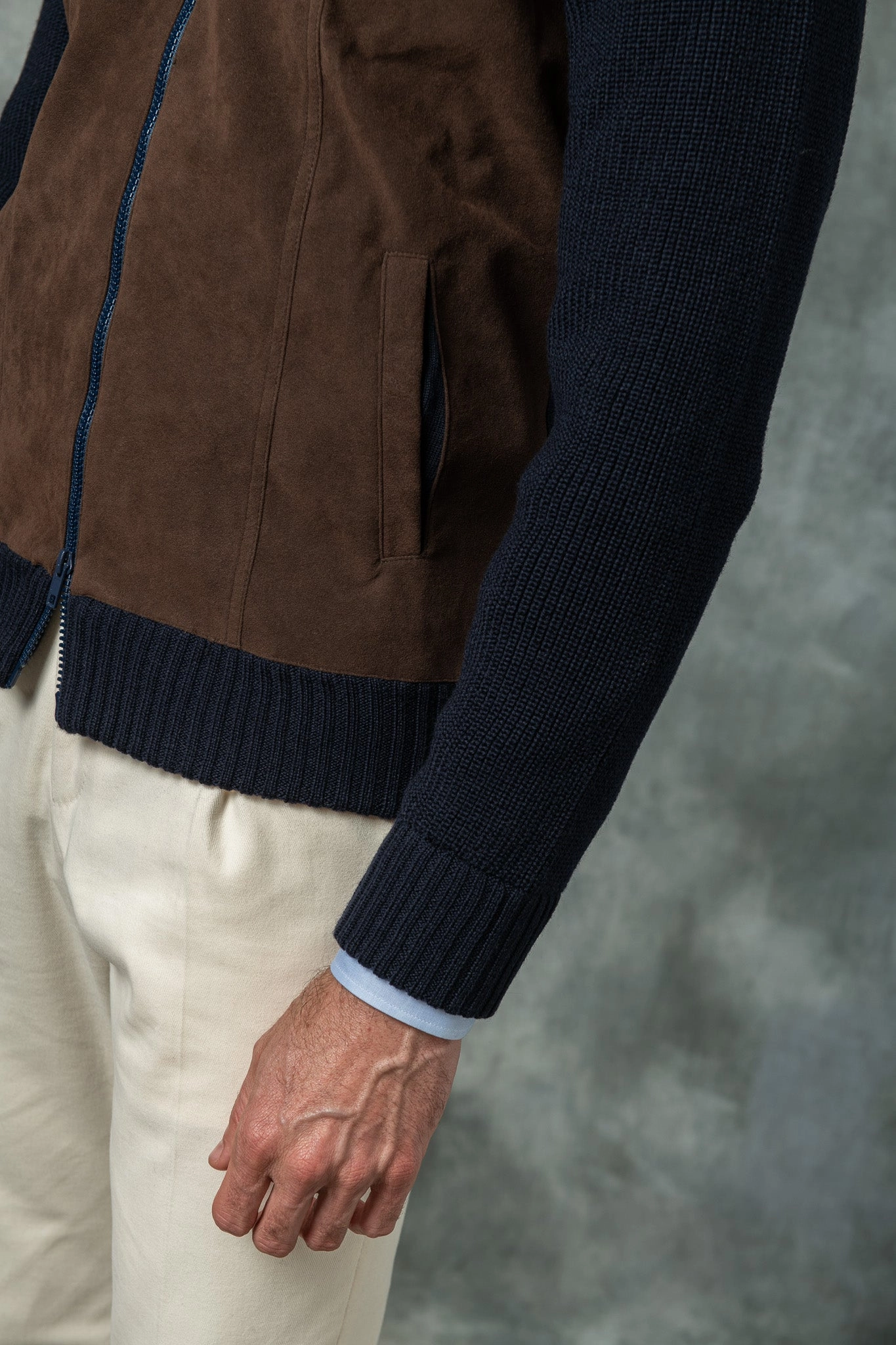 Essential Look Blue and brown cardigan - Alcantara & wool - Made in Italy