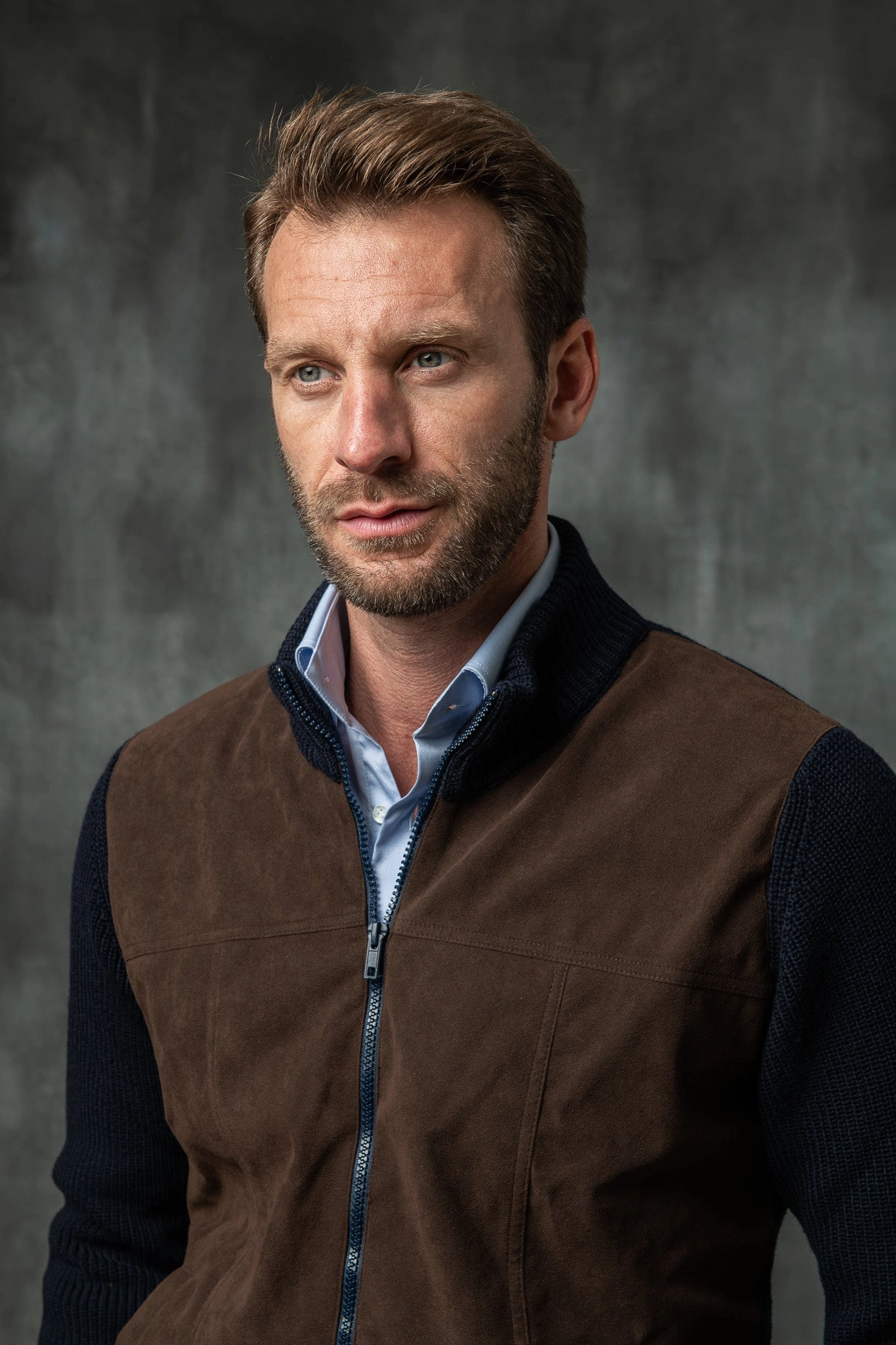 Soft Material Travel Ready Blue and brown cardigan - Alcantara & wool - Made in Italy