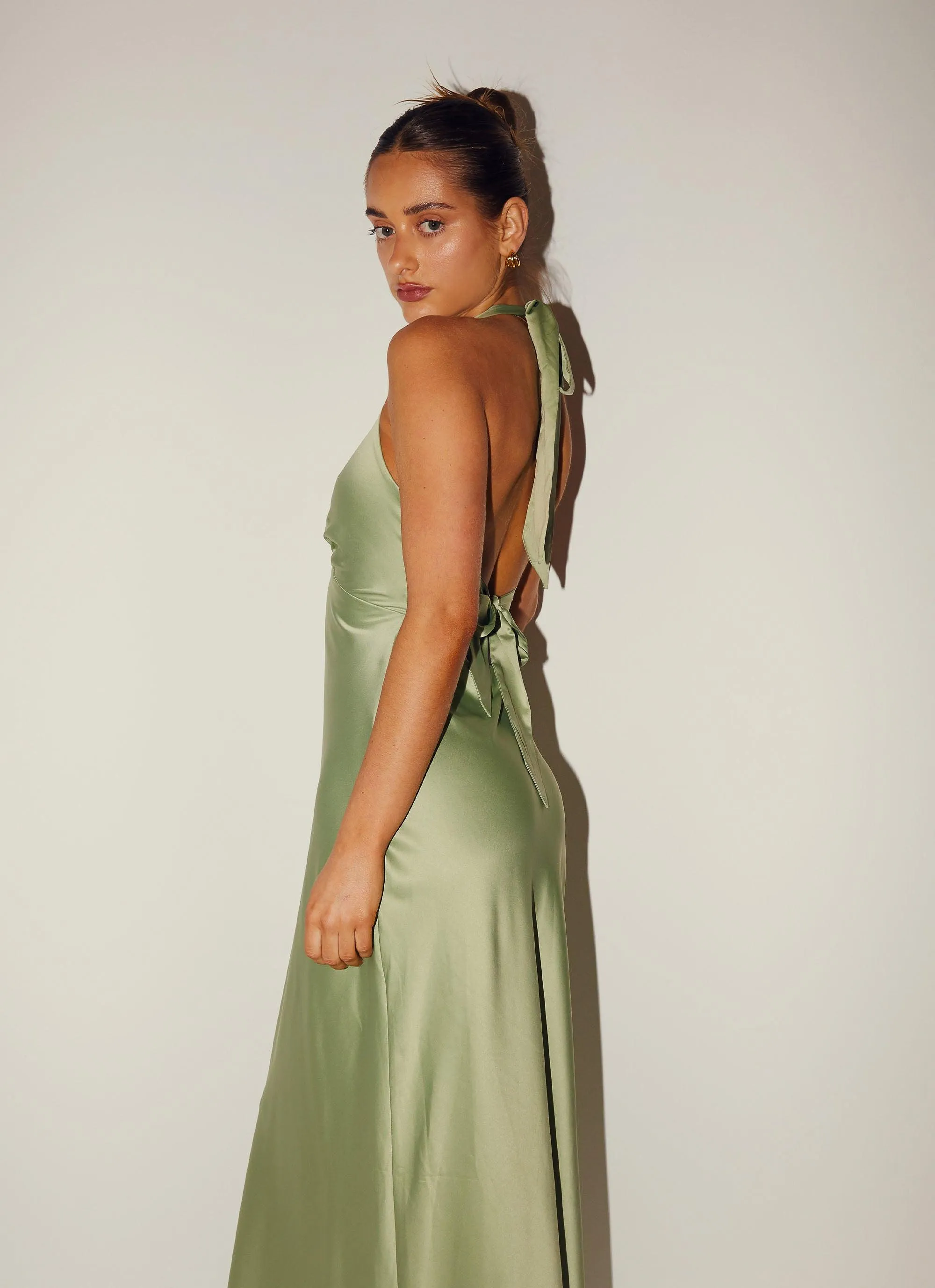 Classic Waistband Casual Elegance Heavy Hearted Satin Maxi Dress - Sage