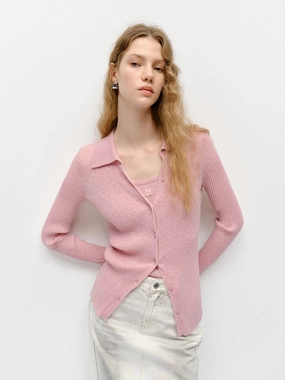 Polo Collar Knit Cardigan Stretch Knit Backing