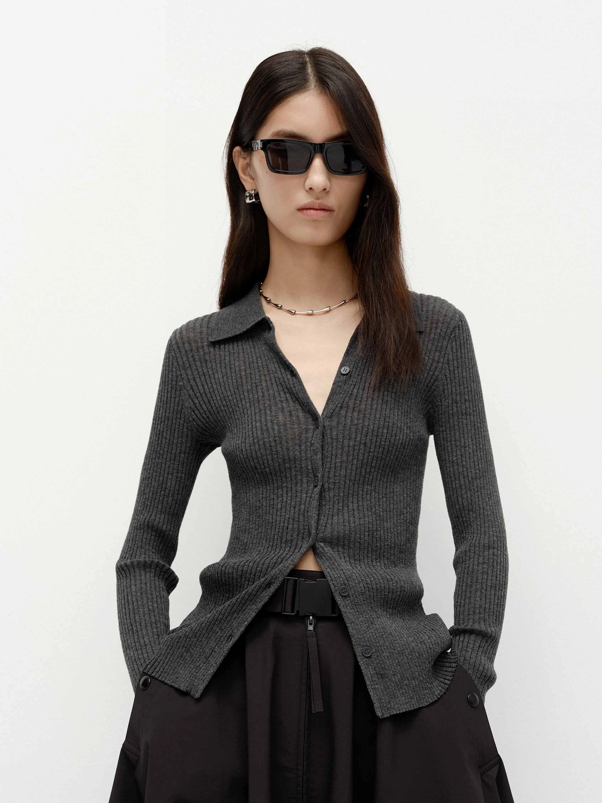 Polo Collar Knit Cardigan Recycled Polyester