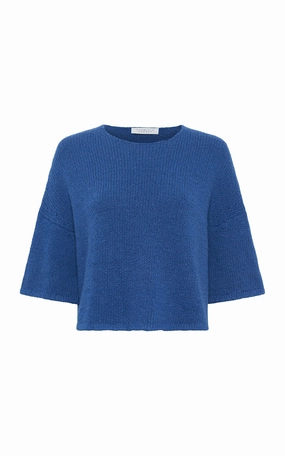Pomona Cropped Knit T-Shirt in Dark Blue Denim Cashmere HighElasticity Fabric Unstructured Fit