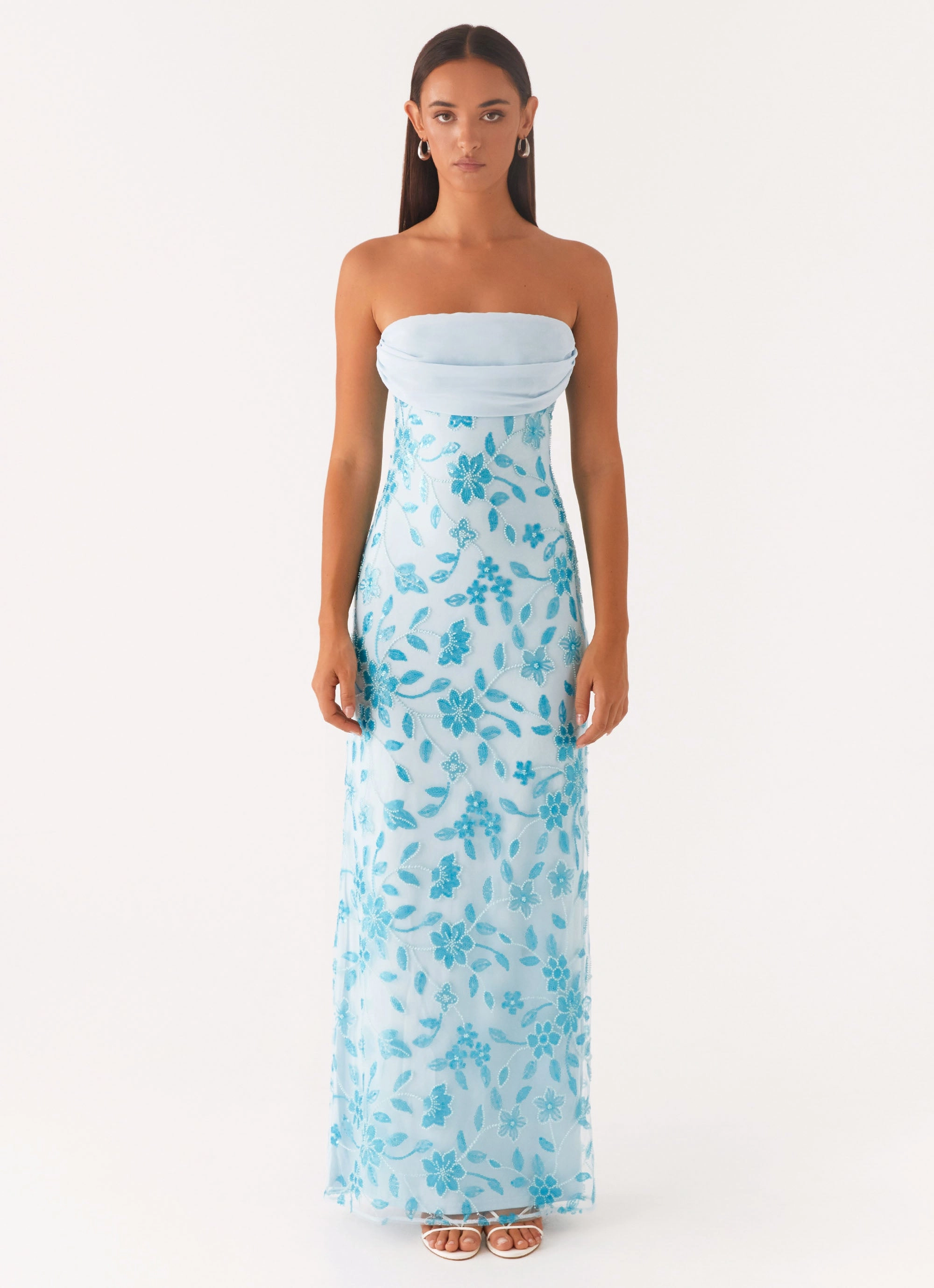 Smooth Finish Empire-Waist Prism Beaded Maxi Dress - Blue