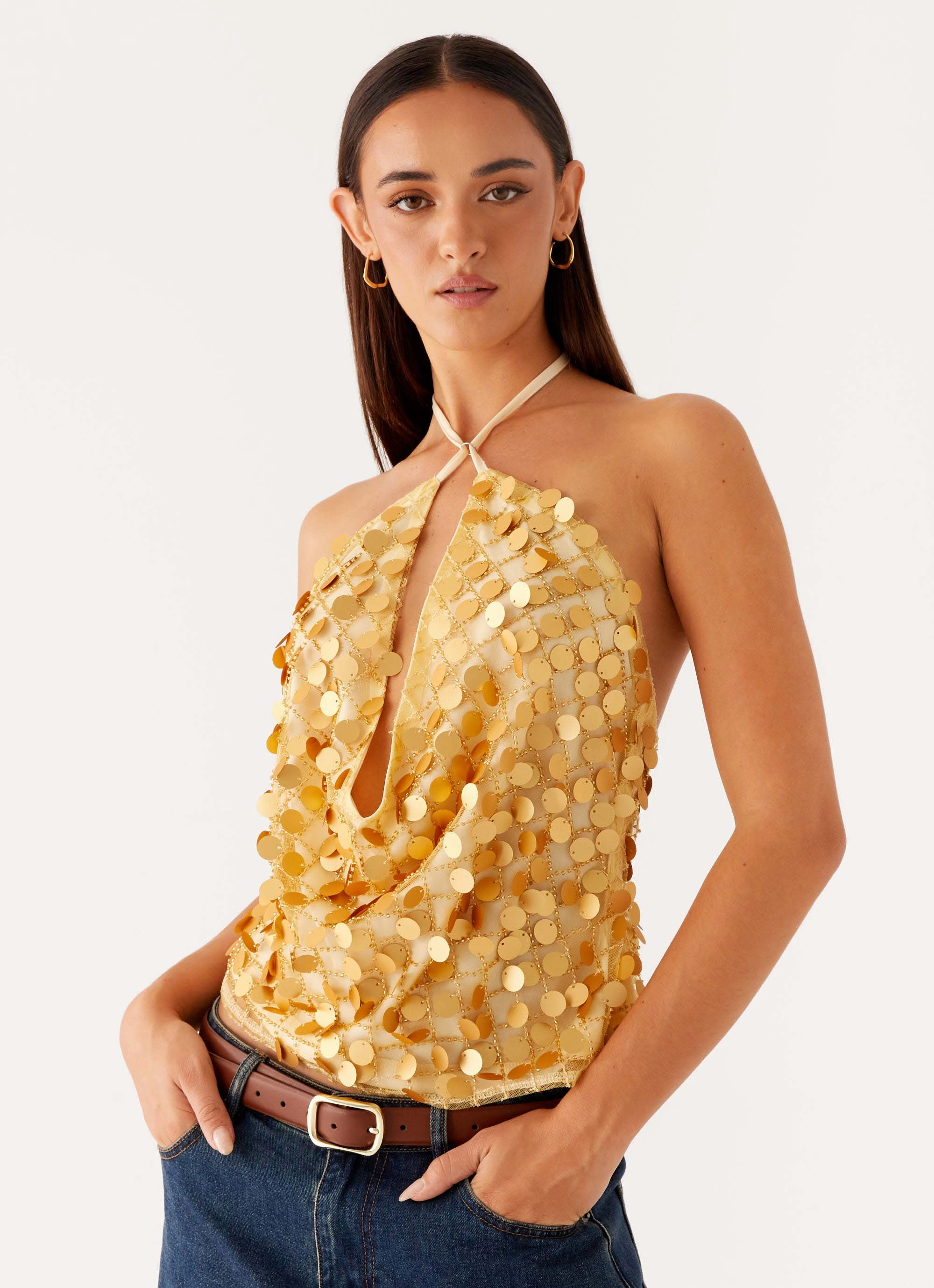 Xander Sequin Halter Top - Gold Athletic Performance Fabric single - compartment