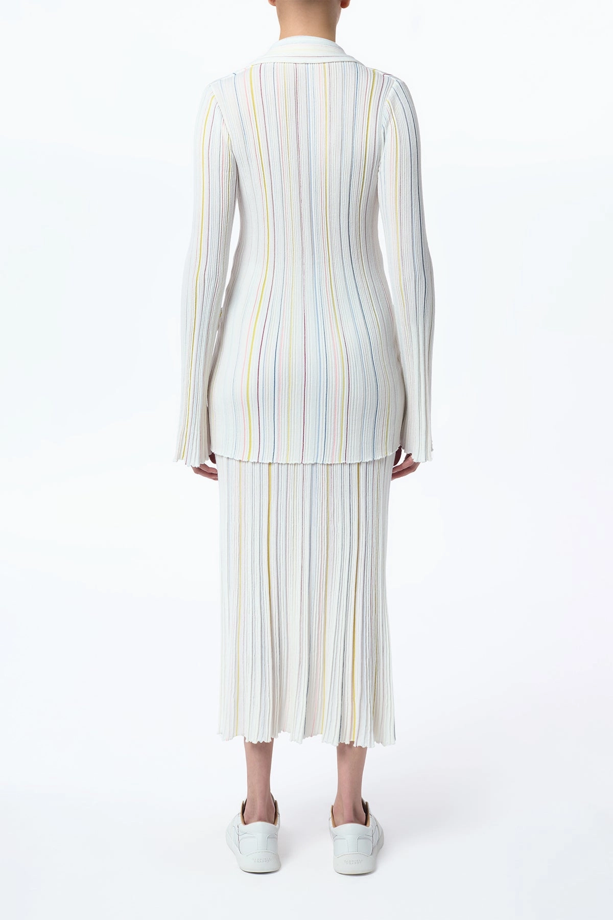 Ceres Pinstripe Knit Jacket in Ivory Multi Merino Wool Convertible Collar