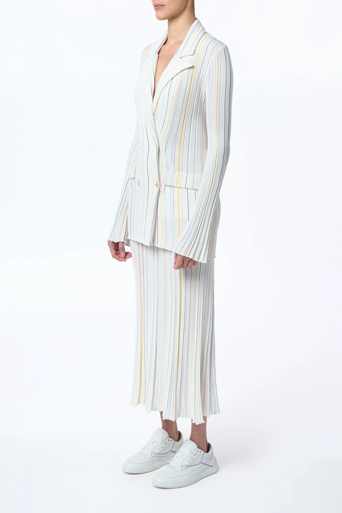 Ceres Pinstripe Knit Jacket in Ivory Multi Merino Wool Recycled Textile Breathable Membrane