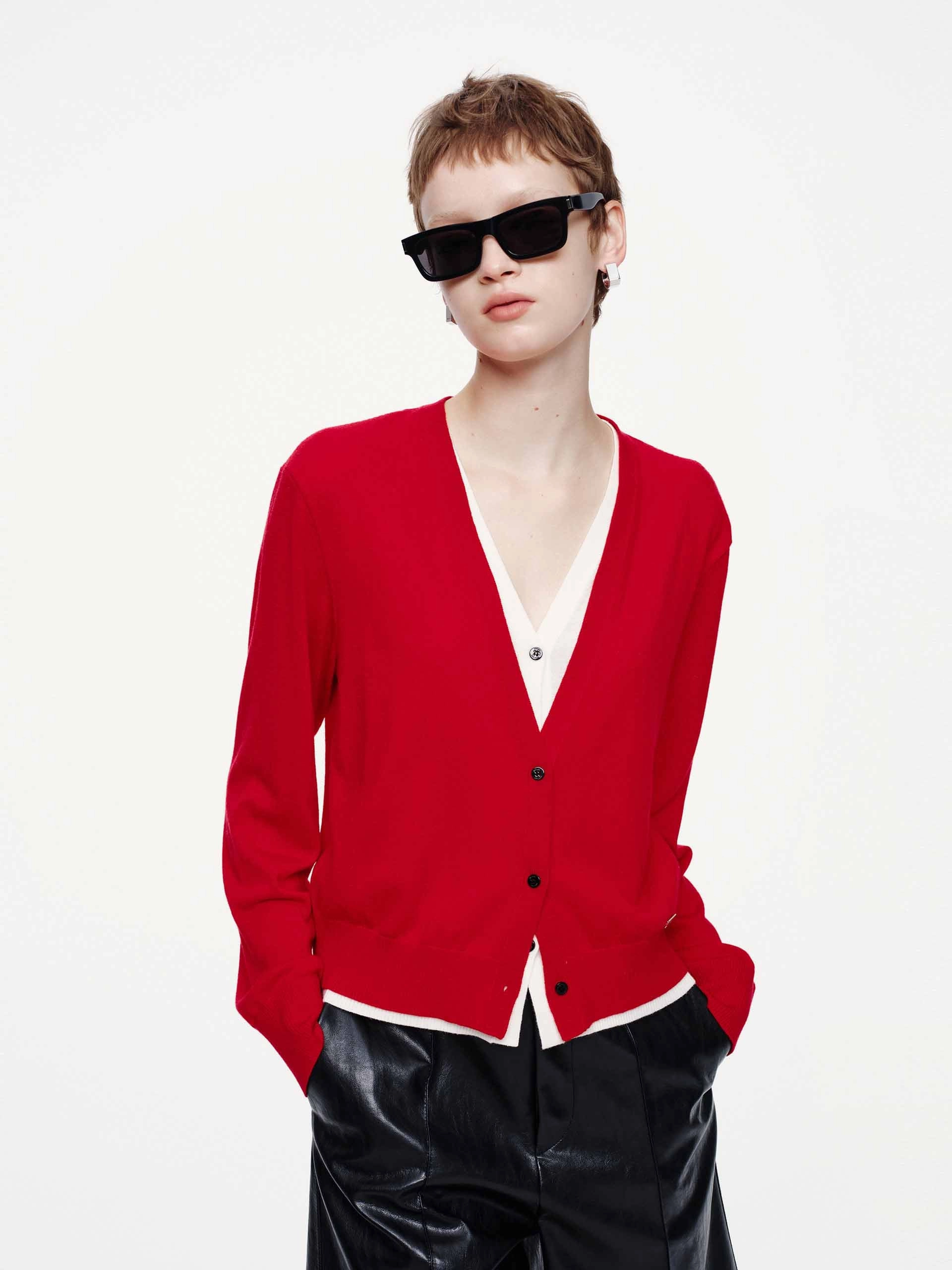 Classic Pick Polo Neckline Pure Wool Layered Cardigan