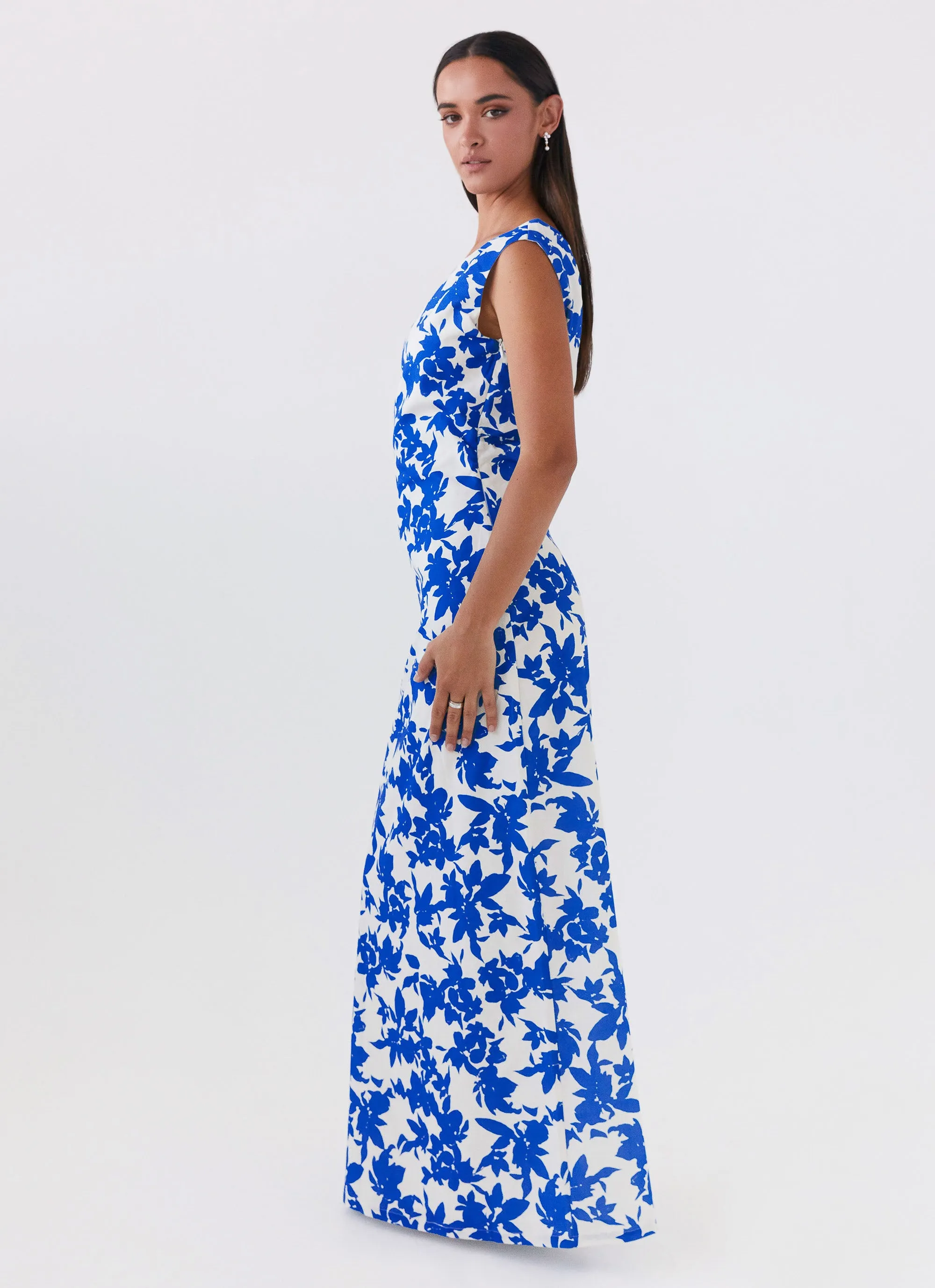 Pyper Off Shoulder Maxi Dress - Blue Floral Flawless Waistband Fit Elegant Outline