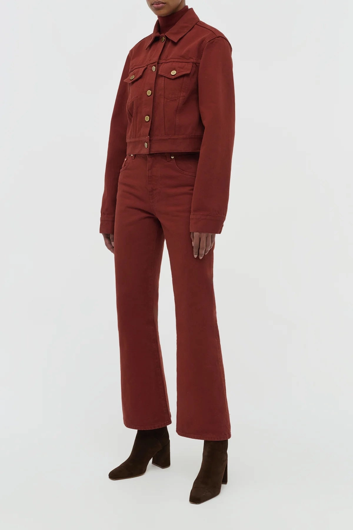 Bronte Jacket in Burnt Sienna Recycled Cotton Denim Temperature Balancing Layer Windbreaker Inspired Fit