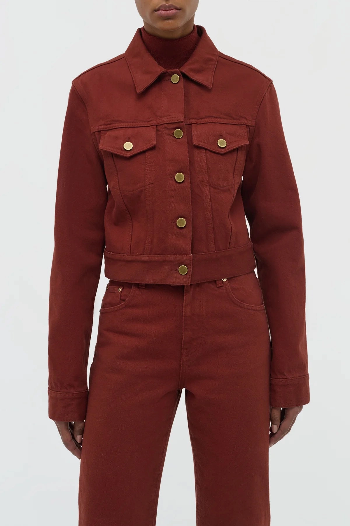 Hidden Storage Compartments Bronte Jacket in Burnt Sienna Recycled Cotton Denim