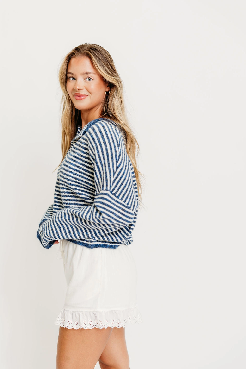 Piper Mini Stripes Cardigan in Denim Chilly Knitwear Thermal Lock Stitching