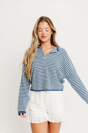 Biodegradable Fiber Option Piper Mini Stripes Cardigan in Denim