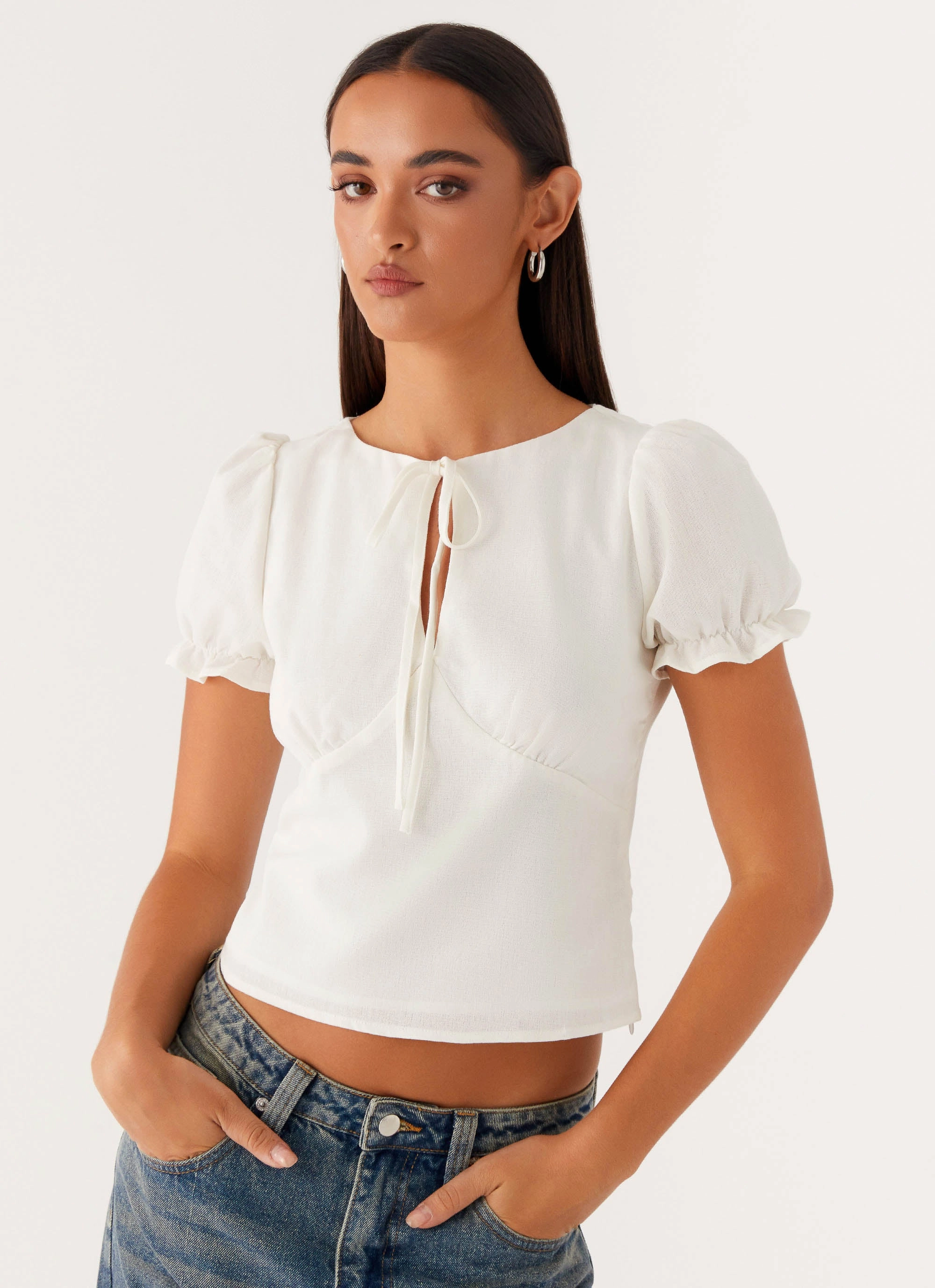 These Words Puff Sleeve Top - White integrated design Double Stitched Hems