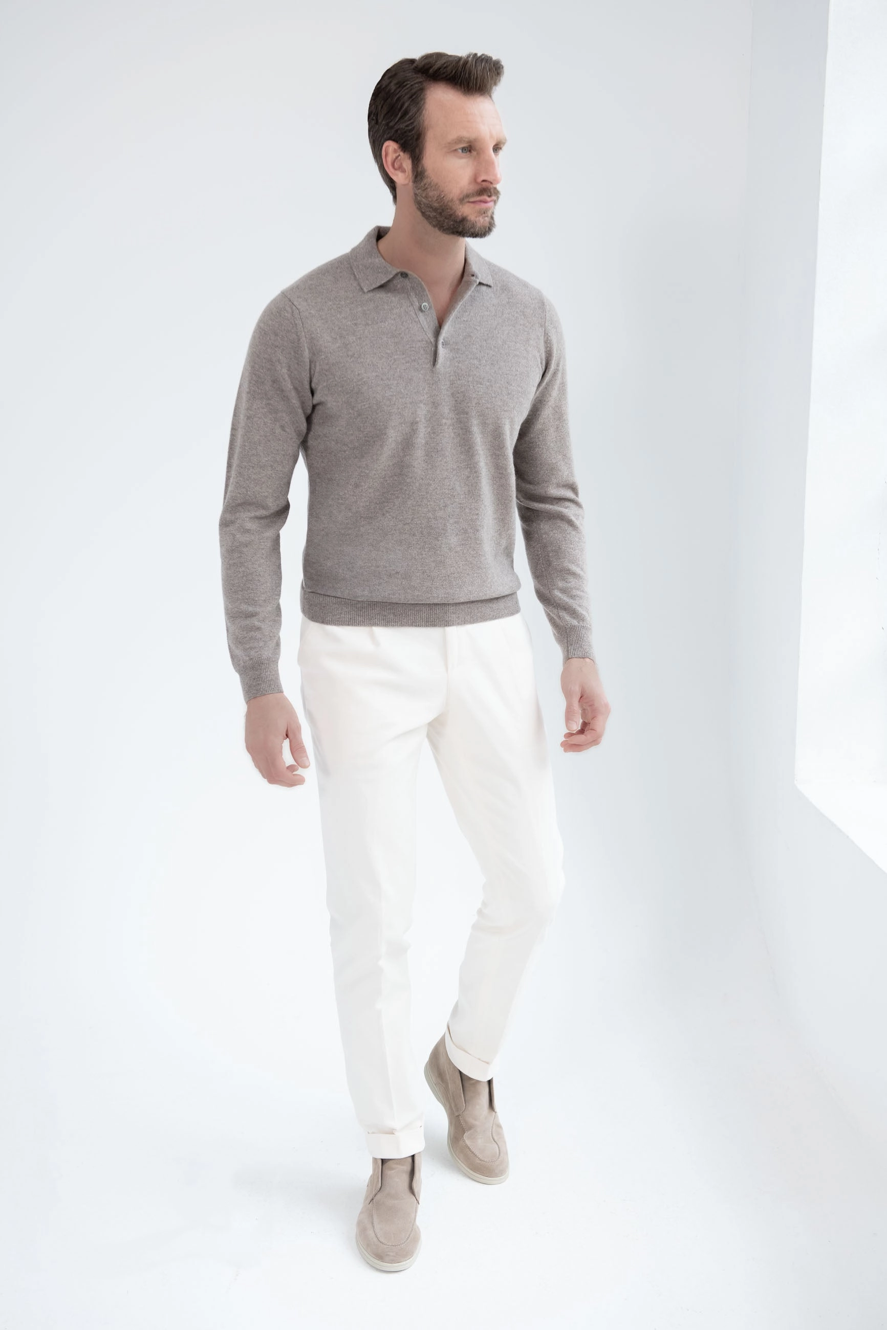 Cable Stitch Taupe cashmere polo ?C Made in Italy