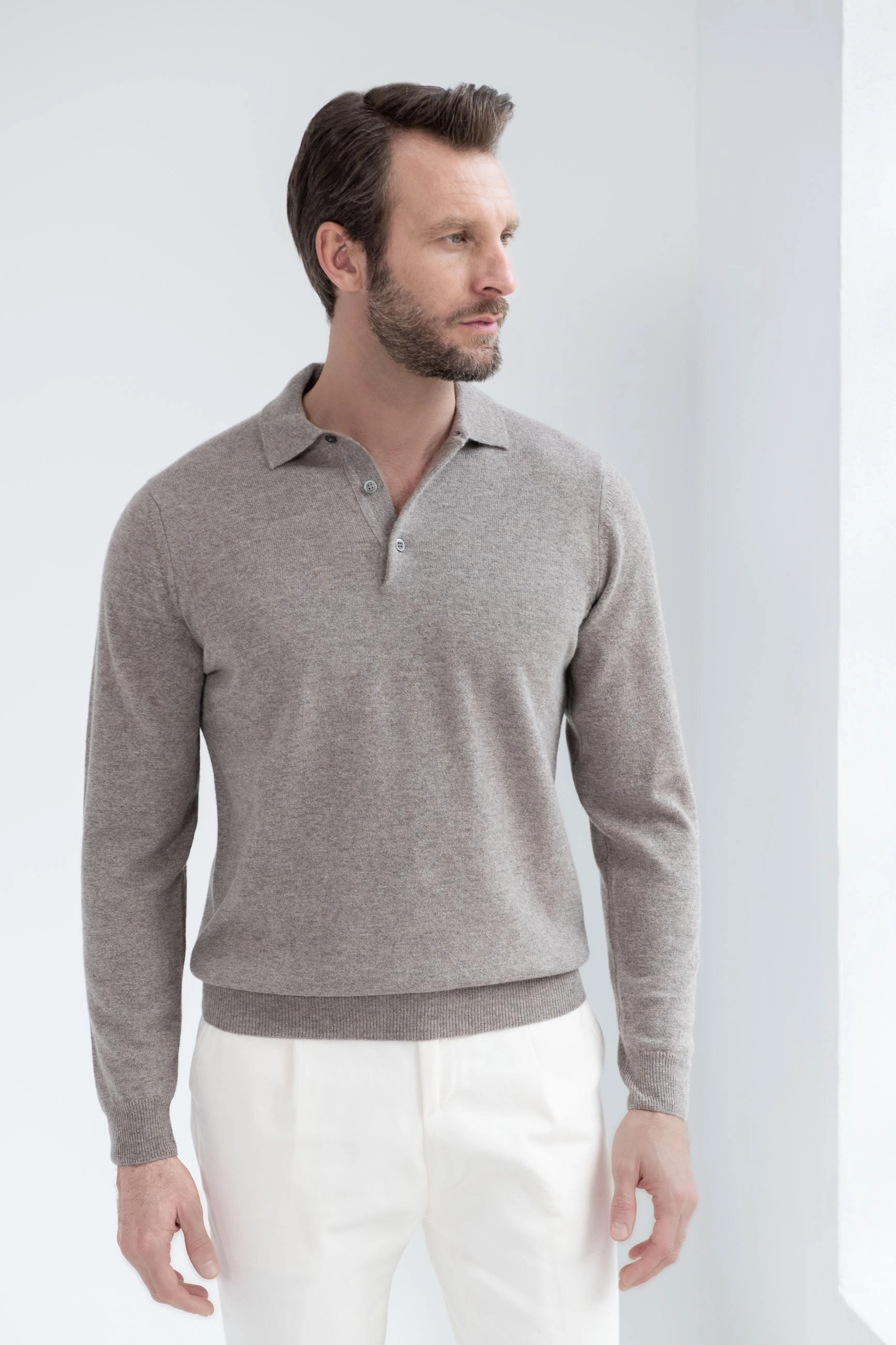 Neutral Tone Colorfast Guide Minimal Casual Style Taupe cashmere polo ?C Made in Italy