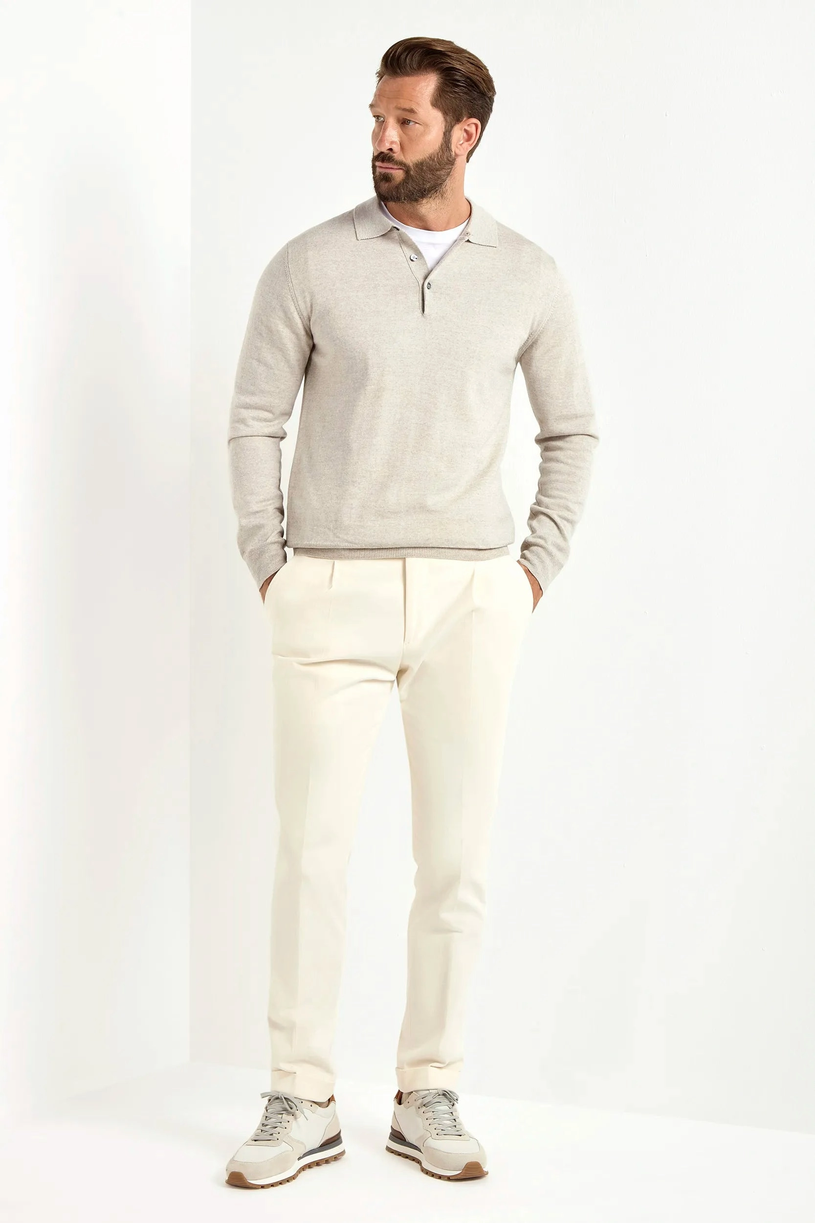 Flexible Ribbing FourWay Stretch Greige merino polo ?C Made in Italy