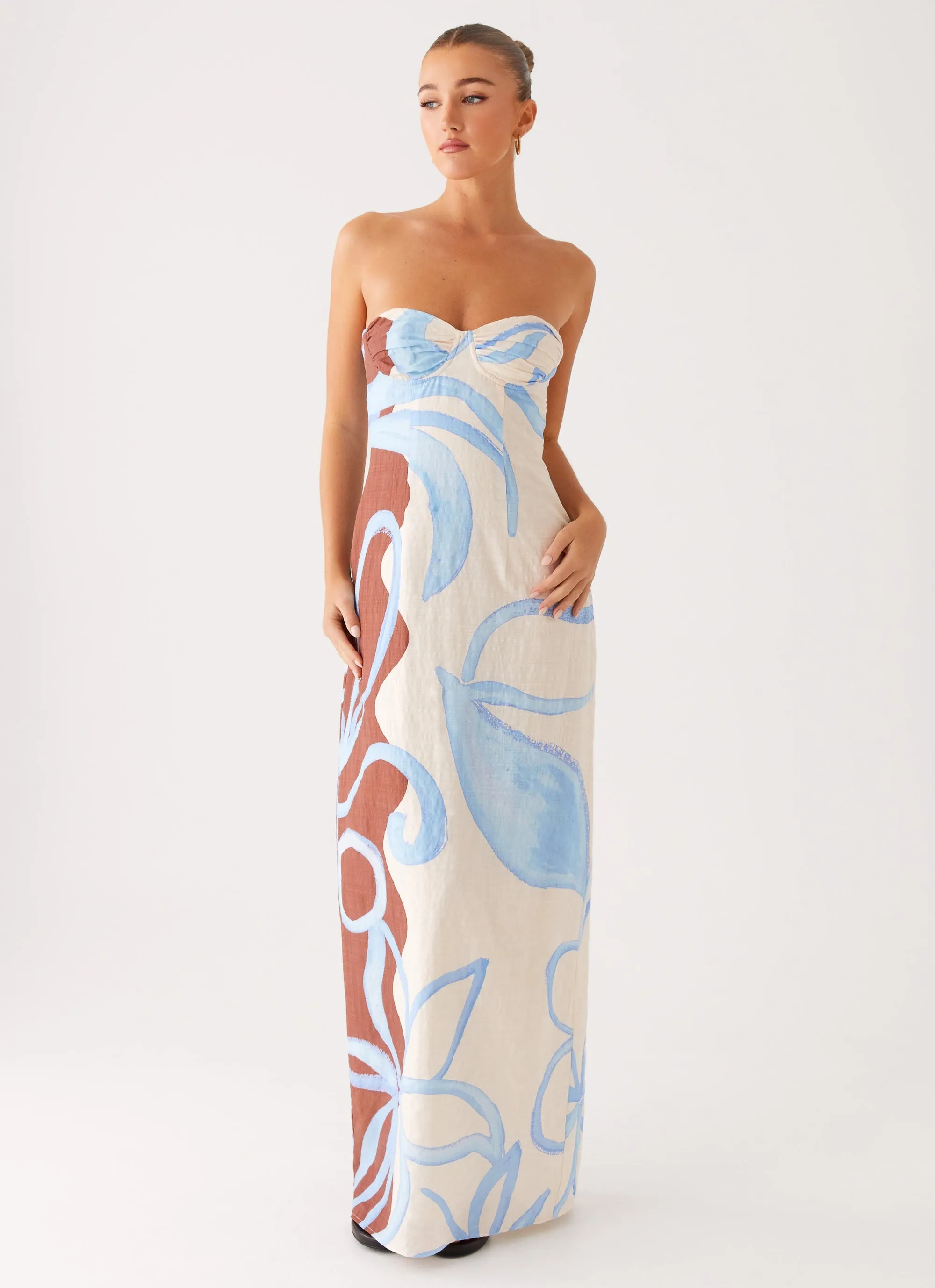 Vintage Vibe Satin Finish Raiden Maxi Dress - Bloom Wave Print