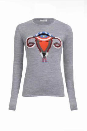 Ram-Ovaries Knit Sweater in Grey Merino Wool Wide Hem Detail Compression Fit Technology