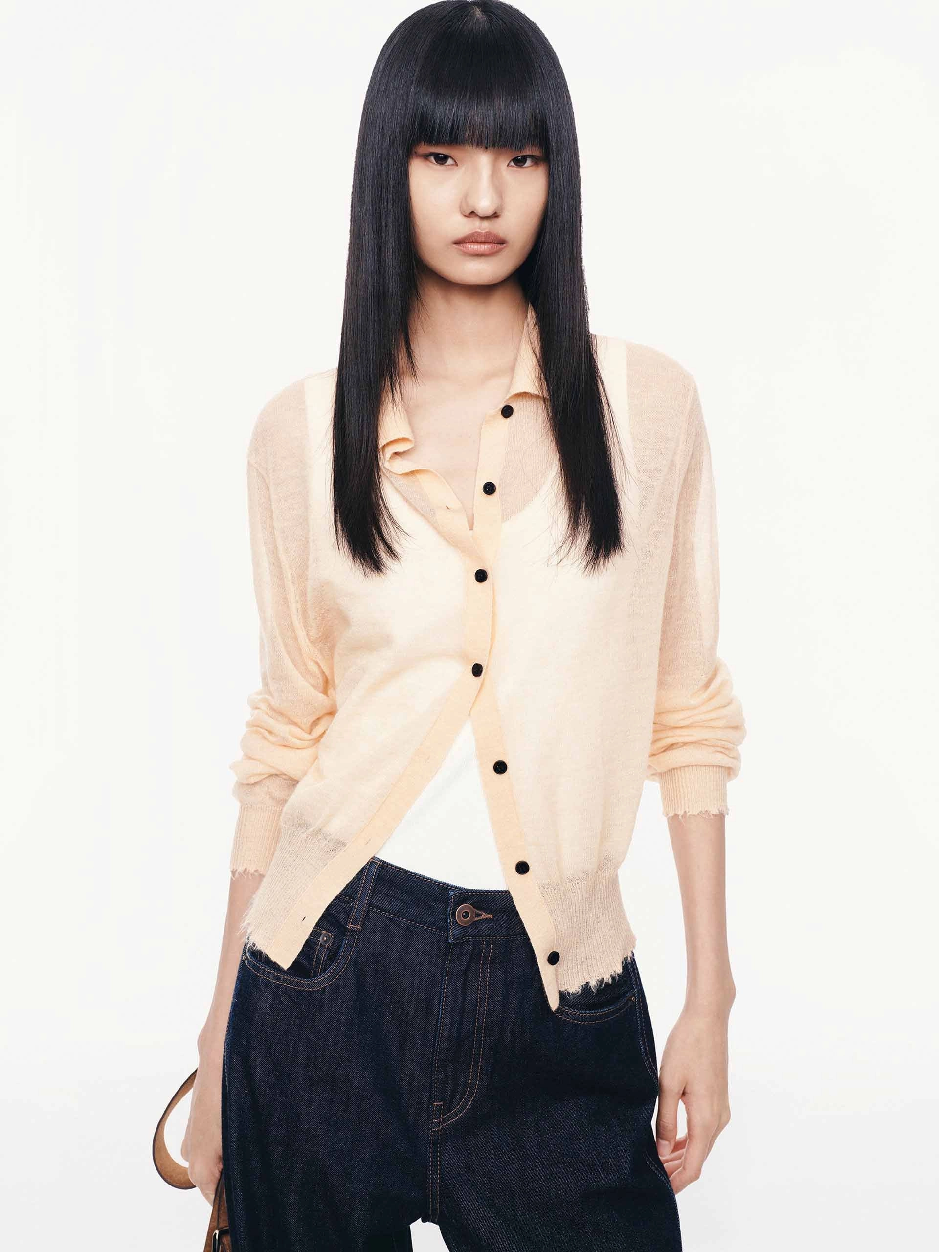 Raw Hem Knitted Cardigan Ribbed Trim Smooth zipper closure