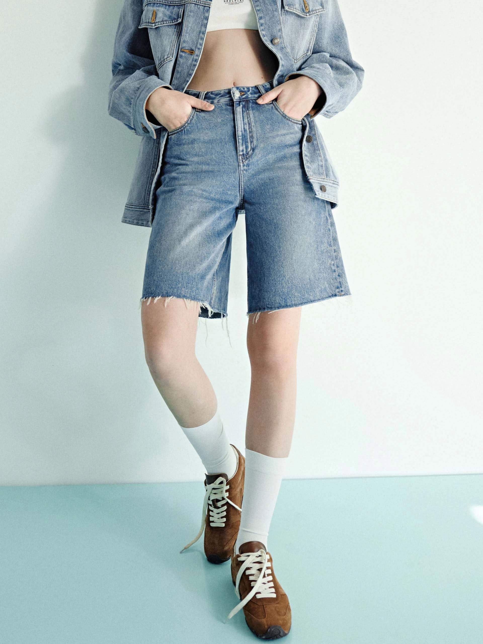 Raw Hem Midi Denim Shorts Sporty Style Linen blend