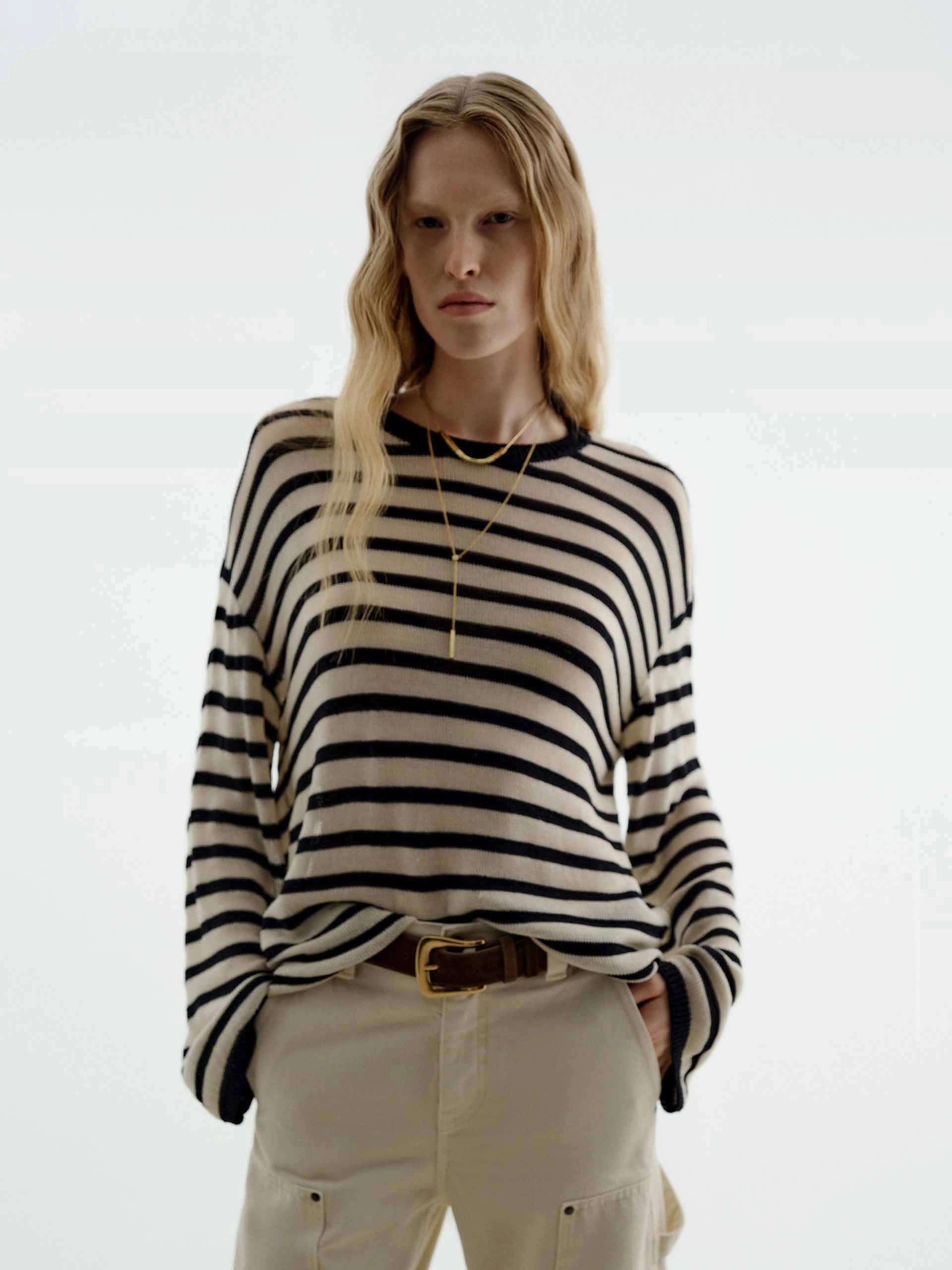 Wool Blend Striped Sweater Relaxed Warmth Moisture Management System