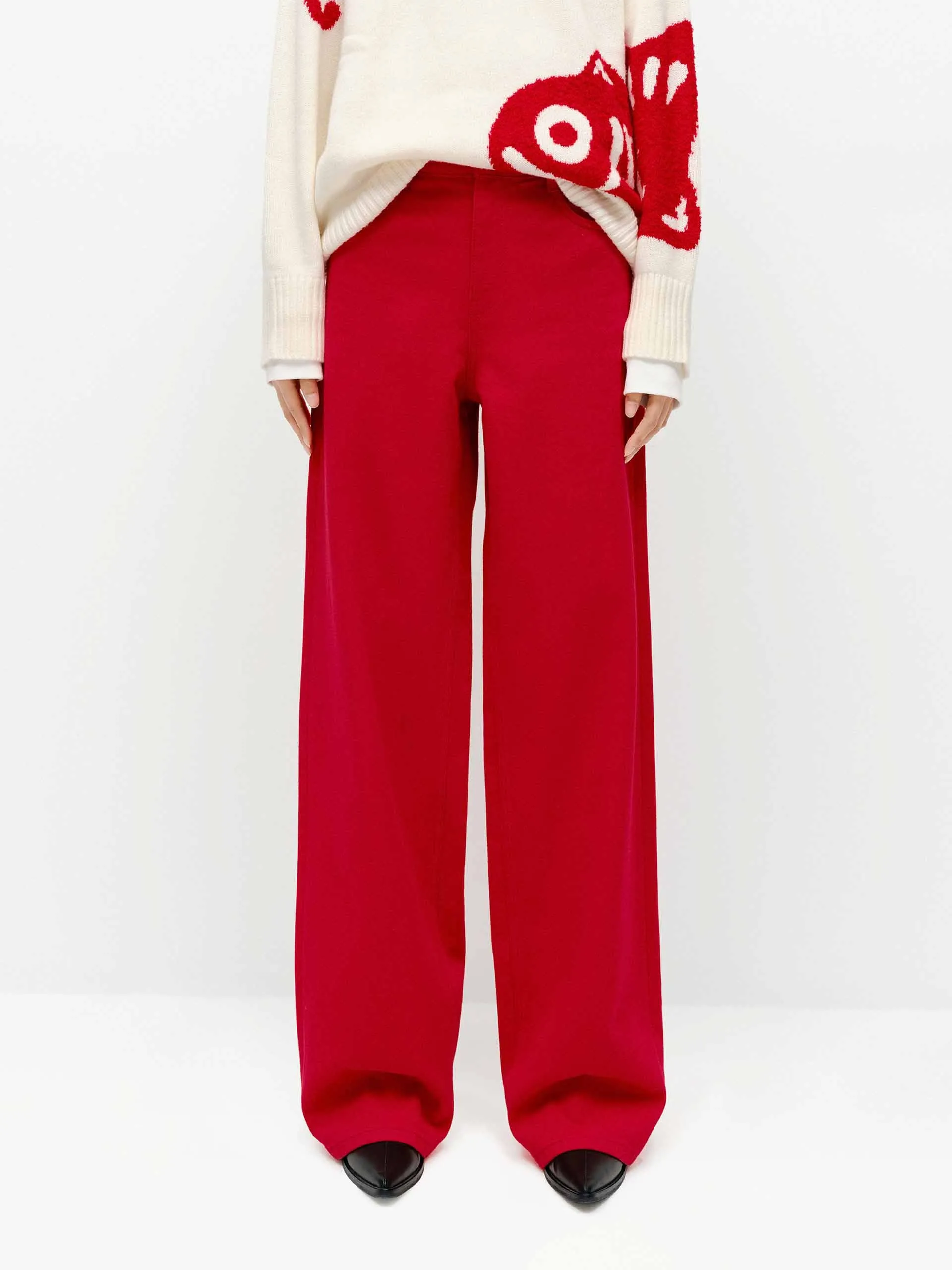 Red Wash Straight Jeans Athlete Fit Holiday Vibes Loose Textured Travel Outfit