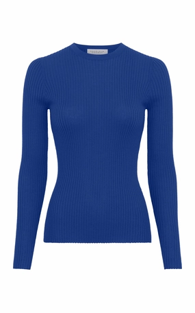 Rolled Cuffs Browning Knit Sweater in Cobalt Cashmere Silk