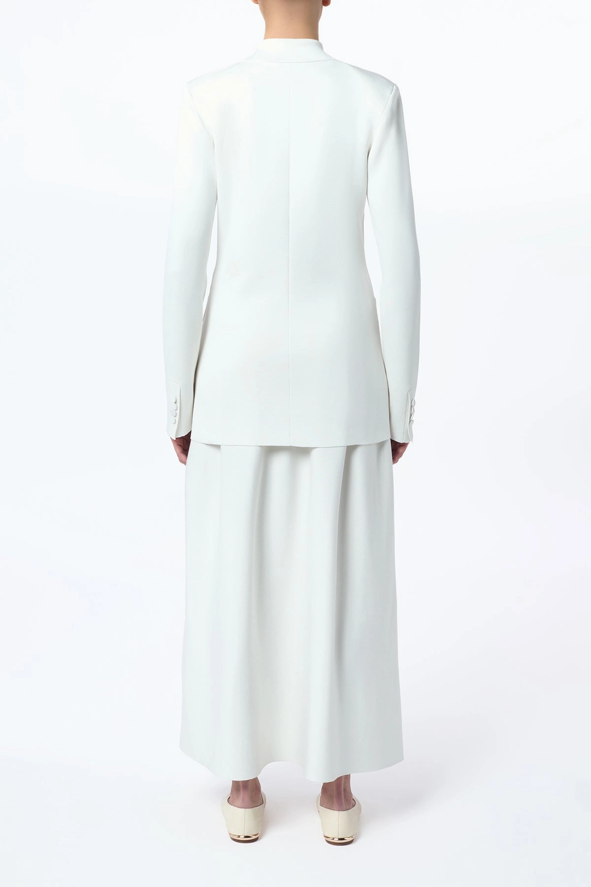 Aphaia Knit Jacket in Ivory Silk Convertible Collar Design Mid Length
