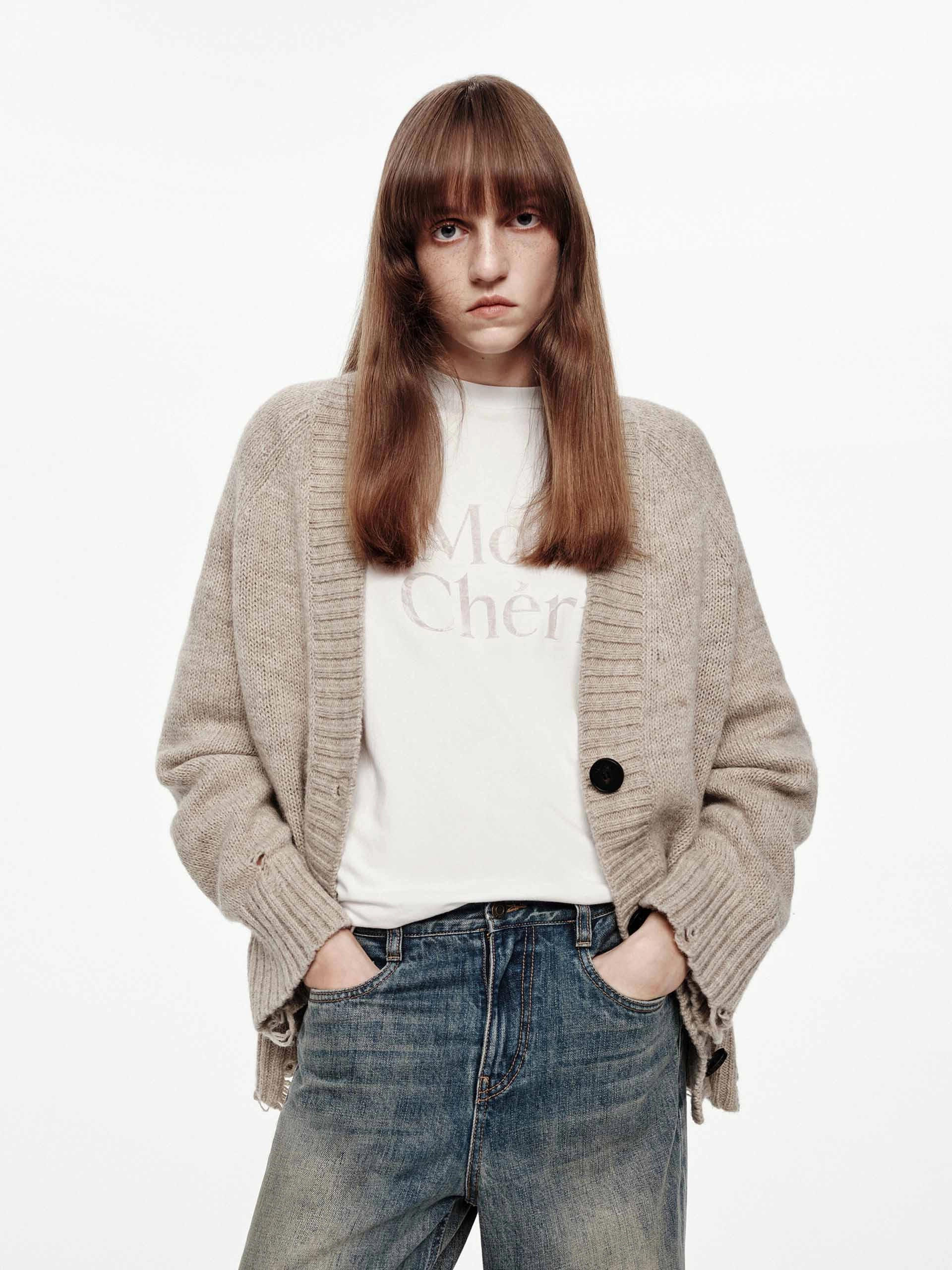 Simple Trend Biodegradable Fiber Construction Ripped Detail Wool Cardigan