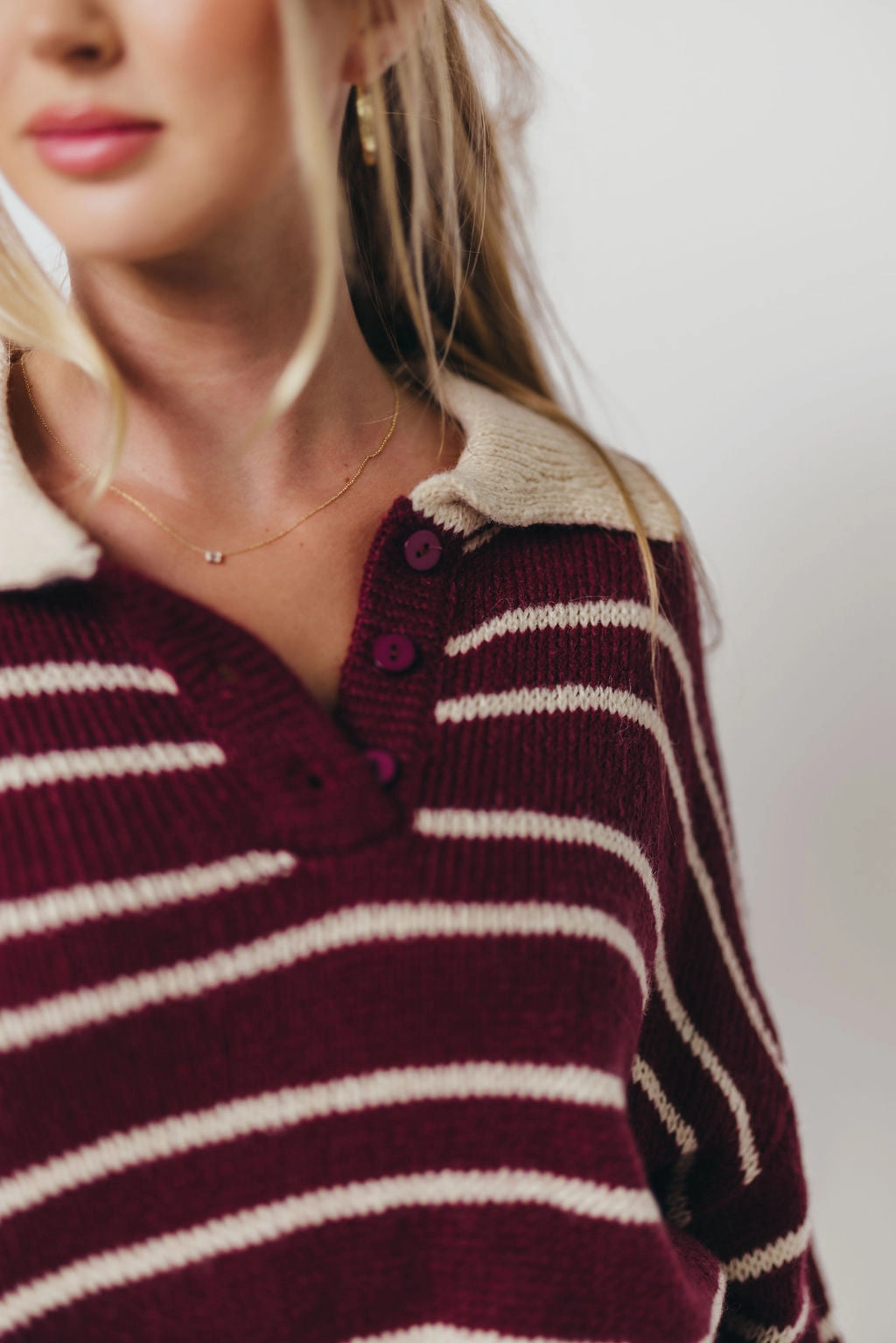 Timeless Fashion Relax Fit Wear Rochelle Stripe Sweater with Contrast Collar in Burgundy
