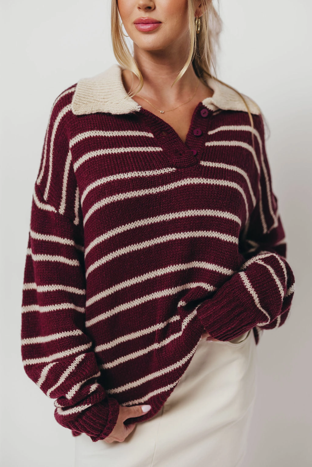 Rochelle Stripe Sweater with Contrast Collar in Burgundy Compact Travel Design